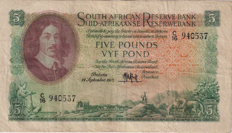 UNION OF SOUTH AFRICA - 5 POUNDS MH DE KOCK 2ND ISSUE 1951 C/16  #181 VF