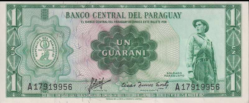 PARAGUAY 1 GUARANI 1977 (1952) WITH BLACK OVERPRINT P193a SC A-UNC