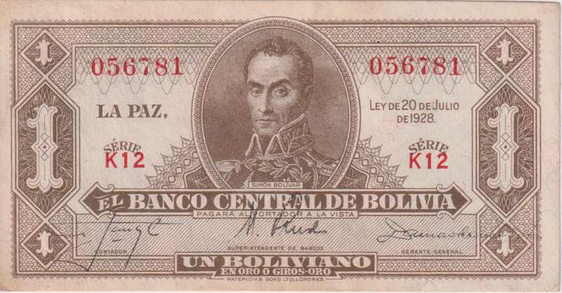 BOLIVIA 1 BOLIVIANO 1928 P128a SERIES K12 A-UNC