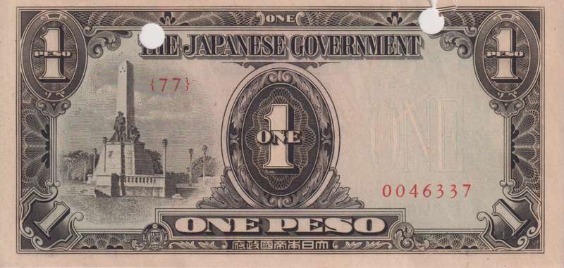 WORLD WAR 2 - PHILIPPINES 1 PESOS Japanese occupation 1943 P108 VG (PUNCED HOLES)