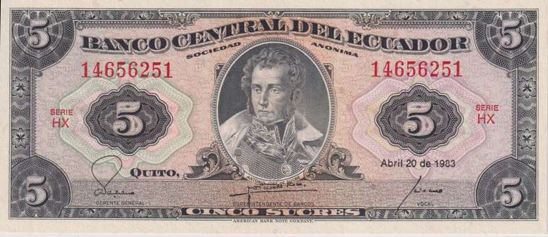 ECUADOR 5 SUCRES 1983 P108b SERIES HX UNC