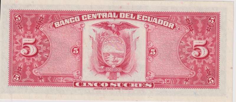 ECUADOR 5 SUCRES 1983 P108b SERIES HX UNC