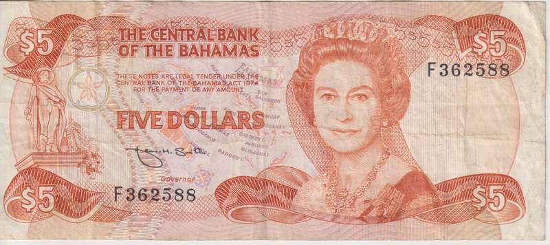 THE BAHAMAS  5 DOLLARS 1984 P45 VF