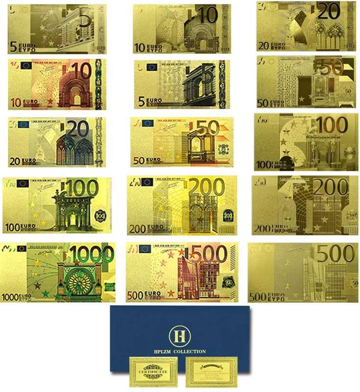 EUROPE 15 PIECE GOLD FOIL NOVELTY BANKNOTES - WITH CERTIFICATE