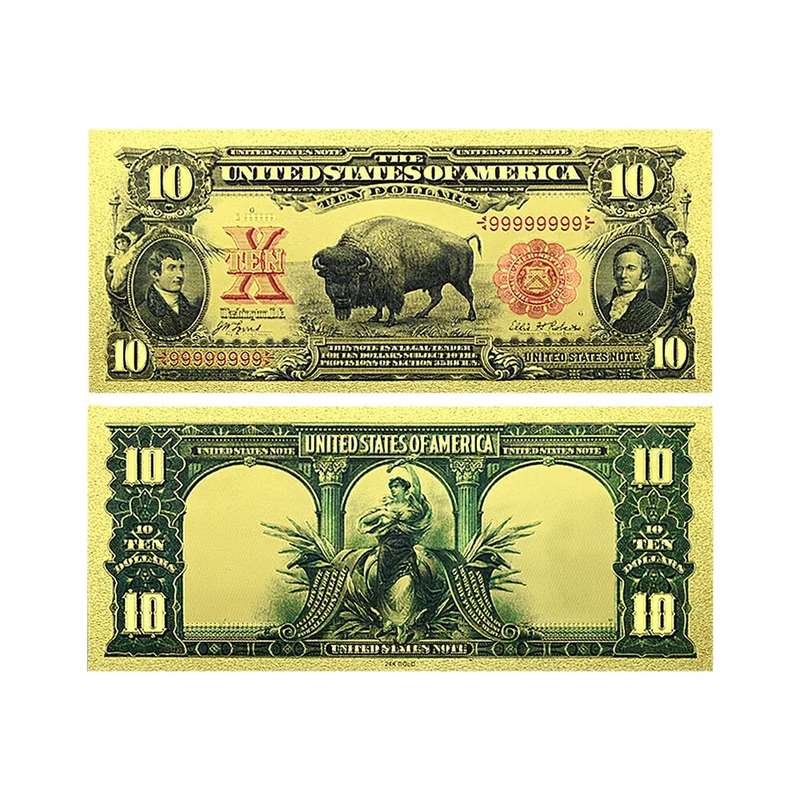 USA DOLLAR GOLD FOIL BANKNOTE 10 DOLLAR - BUFFALO - BISON - BEAUTIFUL GIFT
