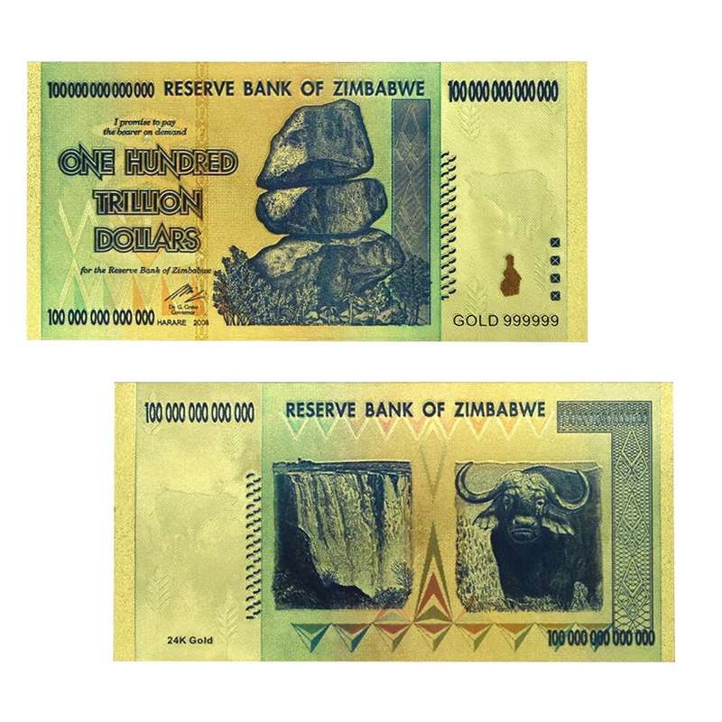 ZIMBABWE 100 TRILLION DOLLARS NOVELTY NOTE -  GOLD FOIL PLASTIC PLATED - BEAUTIFUL GIFT