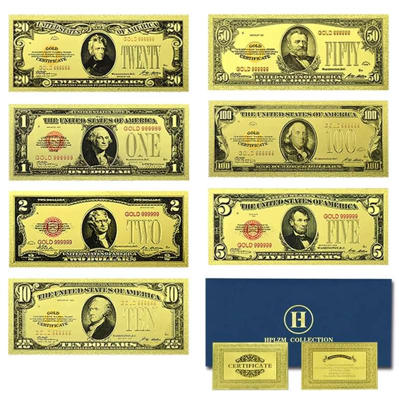 USA DOLLAR GOLD FOIL BANKNOTES - 1,2,5,10,20,50&100 DOLLAR SET - BEAUTIFUL GIFT WITH CERTIFICATE