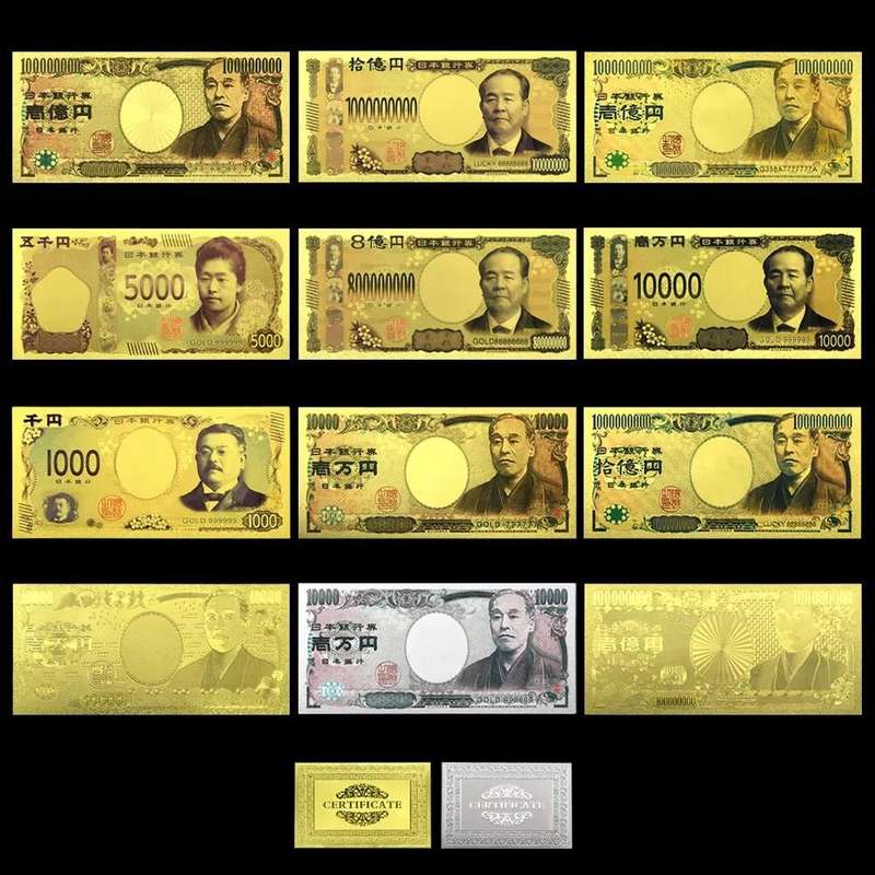 12pcs/set Japanese Yen Gold/Silver foil Plastic Banknotes Collectibles