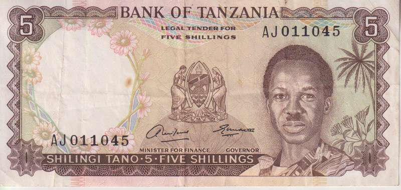 TANZANIA 5  Shillings 1966 P1  VF