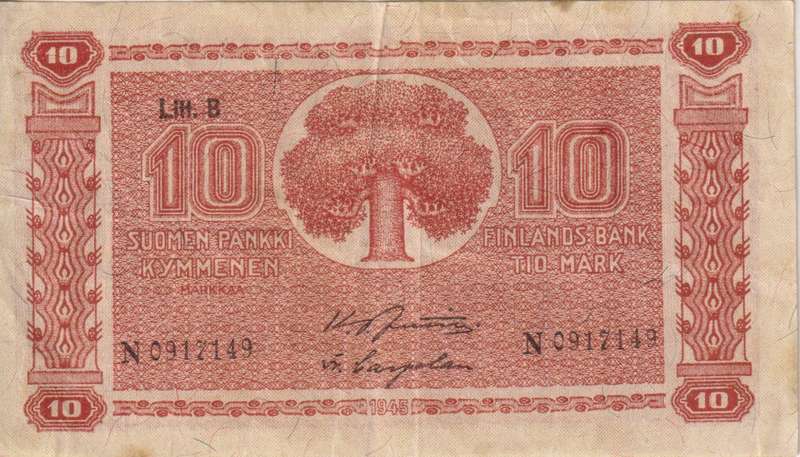 FINLAND 10 MARKKAA 1945  P85 sign.Jutila, Carpelan VF