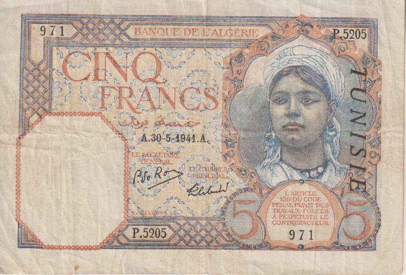 TUNISIA 5 Franc 1941 P8b RARE ALGERIE WITH TUNISIE OVERPRINT - F