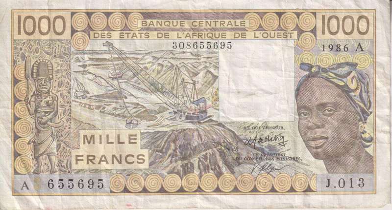 WEST AFRICAN STATES - IVORY COAST - 1000 FRANCS 1986 P107Ag  F