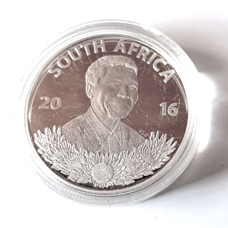 2016 SA Silver R1 Proof-Mandela-Life of a Legend Series-Mintage 1129 Coin ONLY, capsule scratched