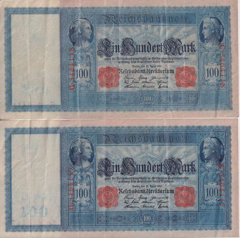 2 X CONSECUTIVE SERIAL NUMBERS -  Germany, 100 Mark, Reichbanknote 1910, P42 VF (110+YEARS TOGETHER)