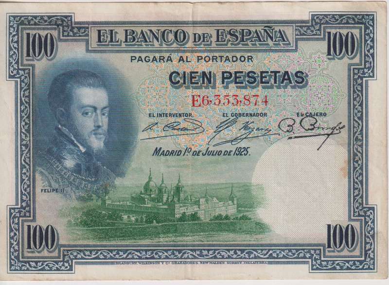 SPAIN 100 PESETAS 1925 P-69 XF