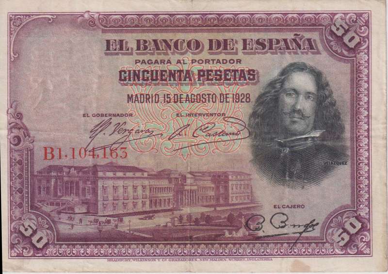 SPAIN 50 PESETAS 1928 P-75b VF