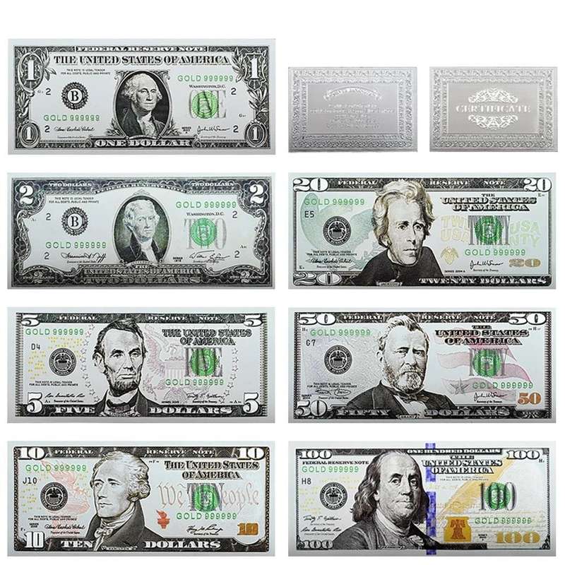 USA DOLLAR SILVER FOIL BANKNOTES - 1,2,5,10,20,50&100 DOLLAR SET - BEAUTIFUL GIFT WITH CERTIFICATE
