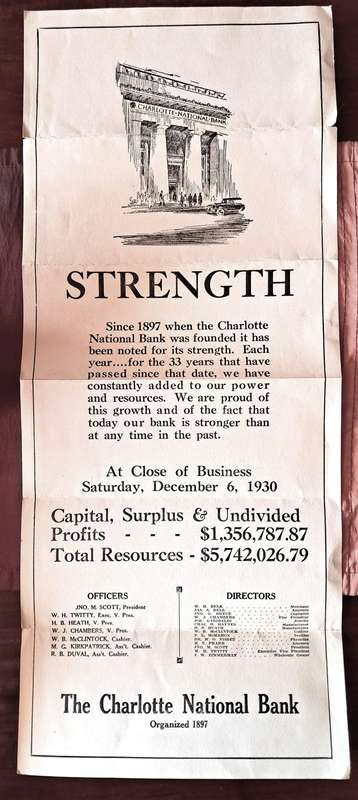 1930 BANK POSTER - CHARLOTTE NATIONAL BANK - Will look beautiful if framed - 55cmx23mm