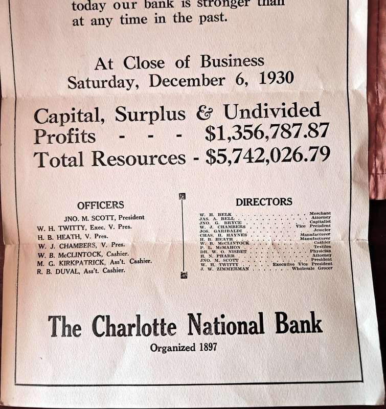 1930 BANK POSTER - CHARLOTTE NATIONAL BANK - Will look beautiful if framed - 55cmx23mm