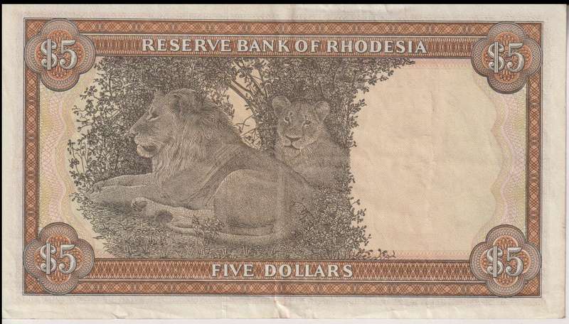 RHODESIA 5 DOLLARS 1976 ZIMBABWE RHODES WATERMARK P36 VF