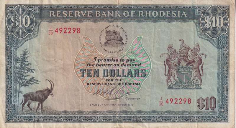 RHODESIA 10 DOLLARS 1975 ZIMBABWE RHODES WATERMARK P37  F