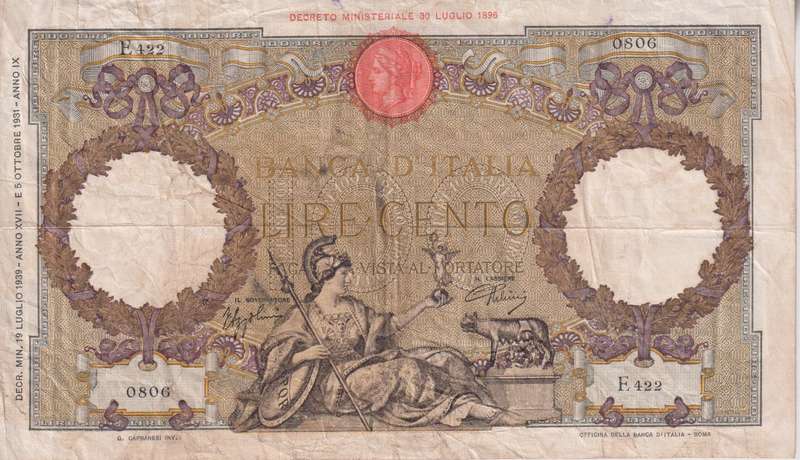 Italy 100 Lire 1939 P55  VF