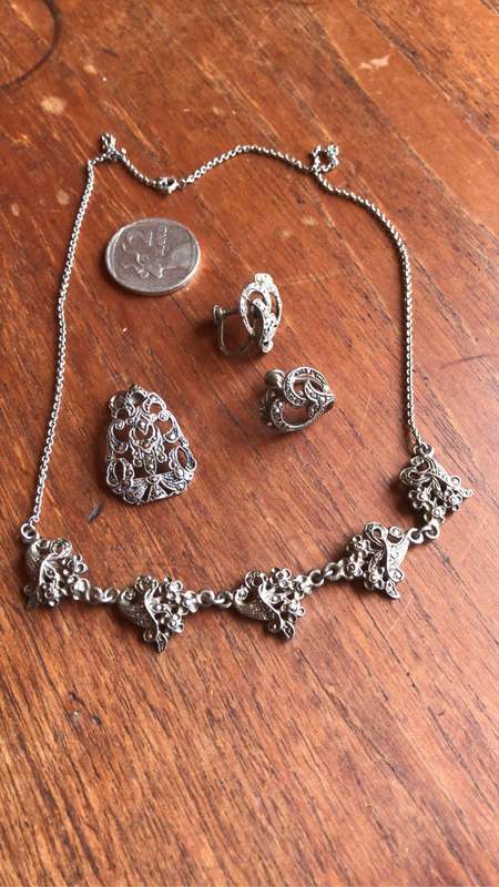 Antique marcasite necklace, pendant and earrings