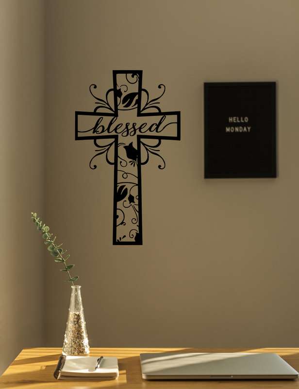 Blessed Cross Sticker Black Vinyl Religious Wall Art