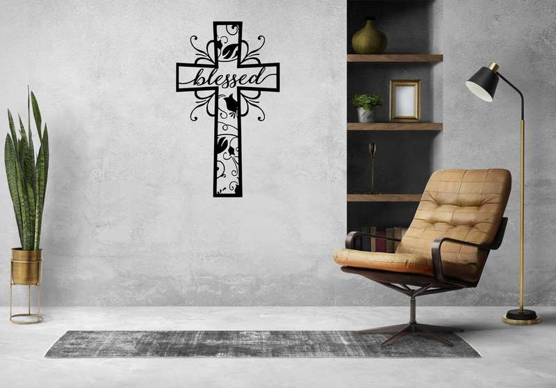 Blessed Cross Sticker Black Vinyl Religious Wall Art