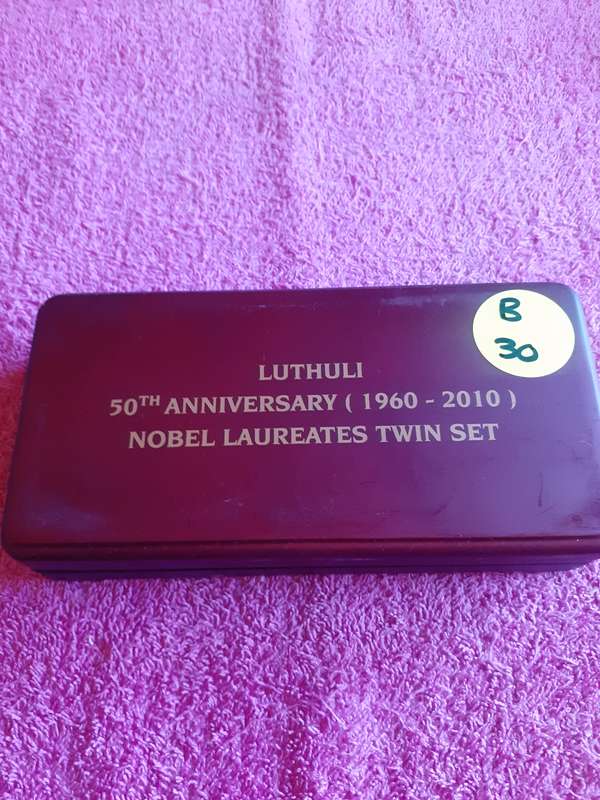 Empty Wooden Coin Holder Box. Luthuli 50th Anniversary 1960 - 2010 Nobel Laureates Twin Set