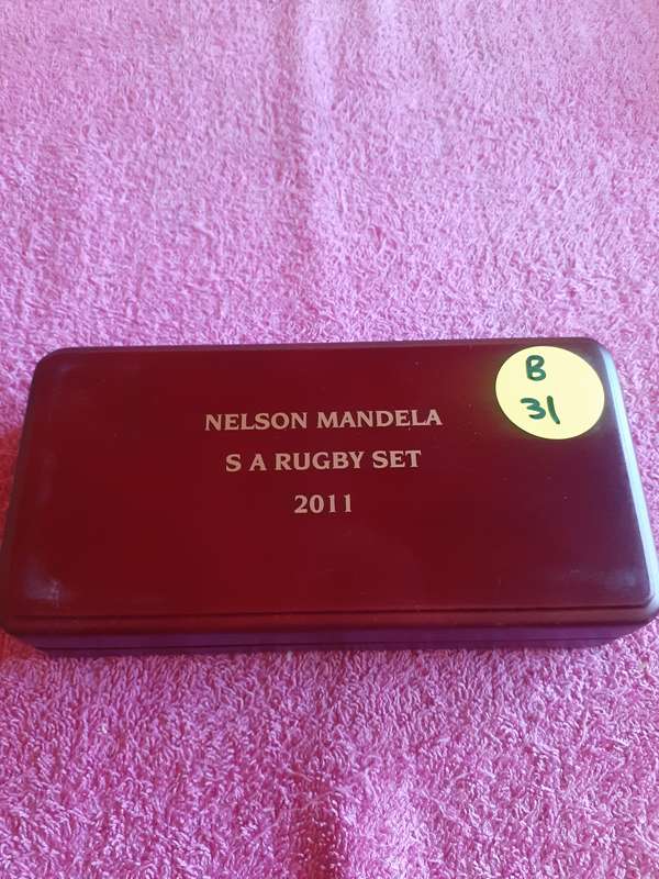 Empty Wooden Coin Box. Nelson Mandela SA Rugby Set 2011 - Mint of Norway