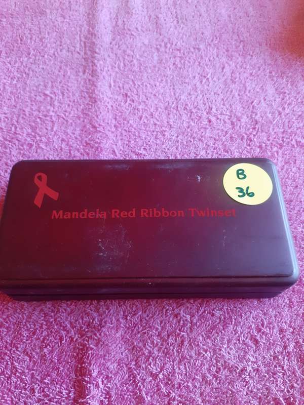 Empty Wooden Coin Holder Box. Mandela Red Ribbon Twinset - Mint of Norway