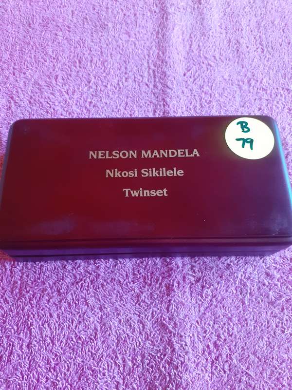 Empty Wooden Coin Holder Box. Nelson Mandela Nkosi Sikilele Twinset - Mint of Norway