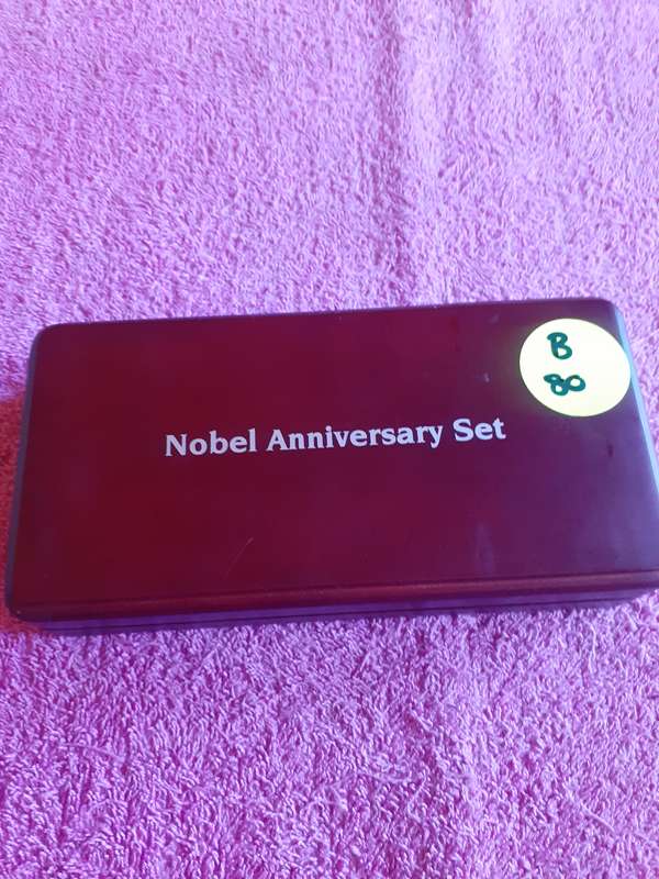 Empty Wooden Coin Holder Box. Nobel Anniversary Set - Mint of Norway