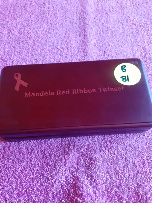 Empty Wooden Coin Holder Box. Mandela Red Ribbon Twinset - Mint of Norway