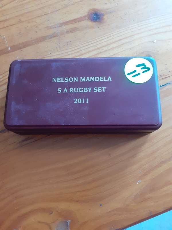 Empty Wooden Coin Holder Box. Nelson Mandela SA Rugby Set