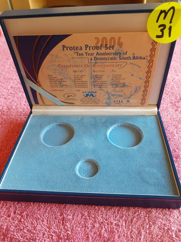 Empty Blue Coin Holder Box. SA Mint -Protea Proof Set - Ten Year Anniversary of Democratic SA
