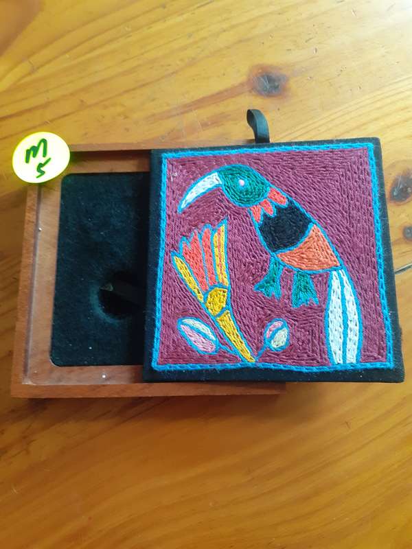 Empty Wooden Coin Holder Box. Bird Coin Embroyed