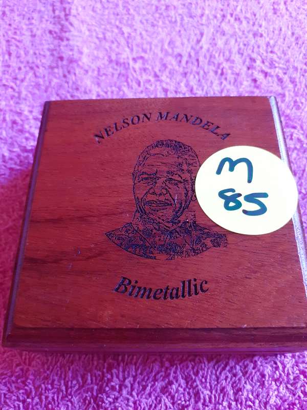 Empty Wooden Coin Holder Box. Nelson Mandela Bimetallic
