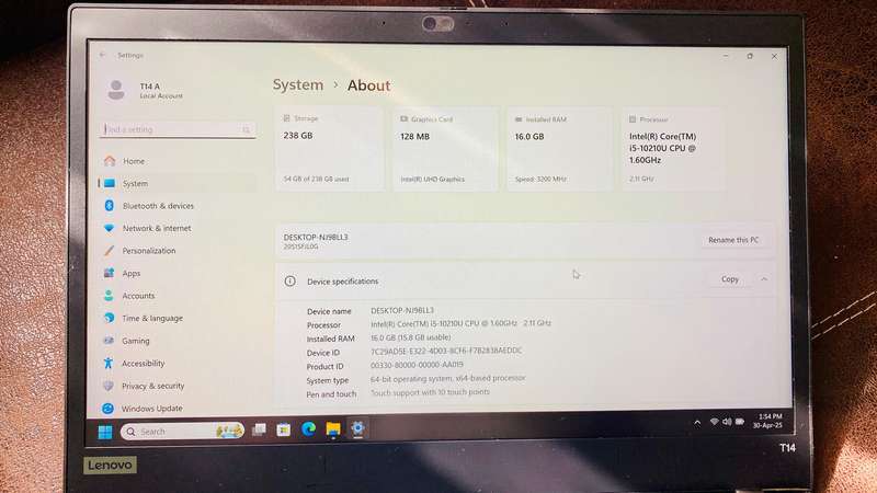 Lenovo T14 Gen1 - i5 10th Gen TouchScreen
