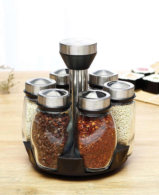 7-Piece Glass Spice Jar Set with Rotating Steel Spice Rack  Black Kitchen Organizer for Countertop.