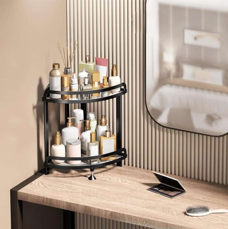2-Tier Corner Shower Caddy Stand  Storage Rack with Adjustable Feet & 4 Hooks.
