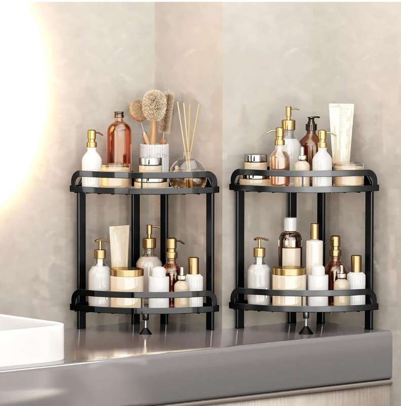 2-Tier Corner Shower Caddy Stand  Storage Rack with Adjustable Feet & 4 Hooks.