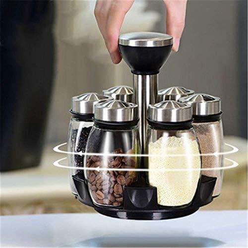 7-Piece Glass Spice Jar Set with Rotating Steel Spice Rack  Black Kitchen Organizer for Countertop.