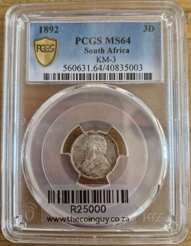 *1892 ZAR Kruger 3 Pence Graded MS64