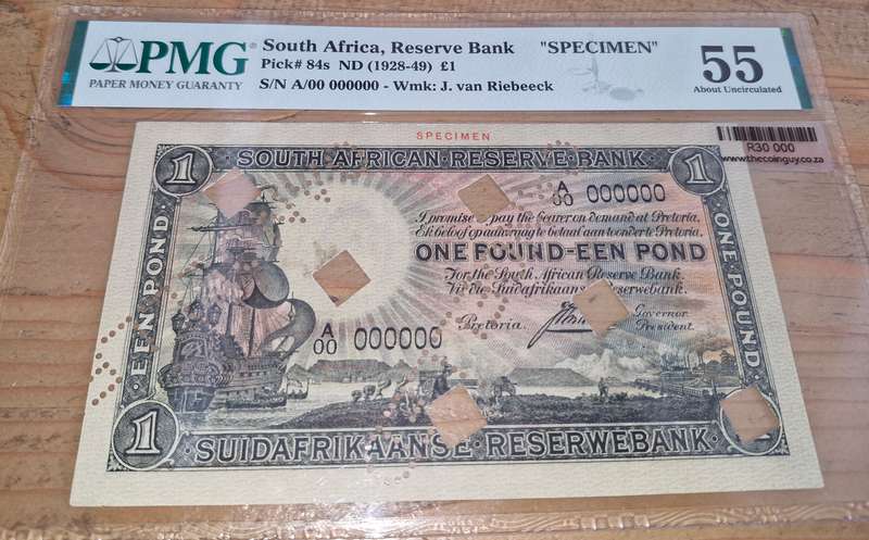 1932-1944 South Africa J Postmus 1 Pound Specimen PMG Graded