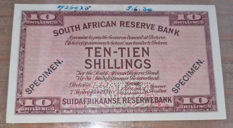 1934 South Africa 10 Shillings Postmus Specimen Printers Proof