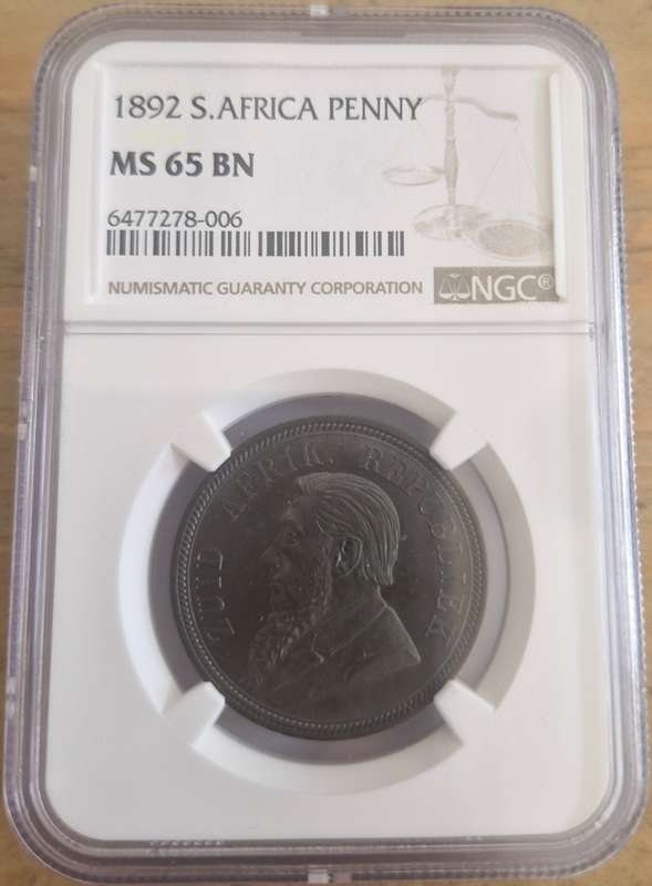 1892 ZAR Kruger Penny NGC Graded MS65 BN