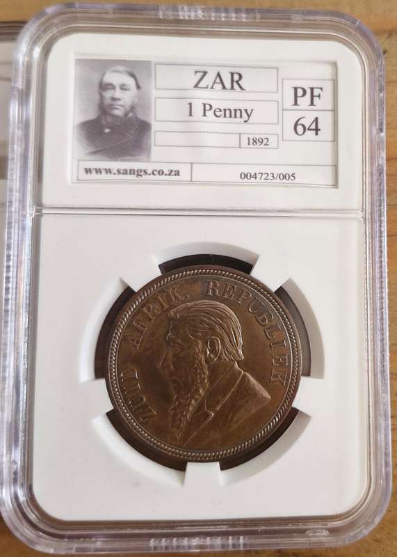 1892 ZAR Kruger Silver Proof Penny - Graded PF64