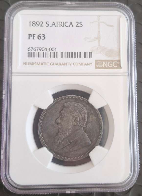 1892 ZAR Kruger Silver Proof 2 Shillings NGC - NGC Graded PF63